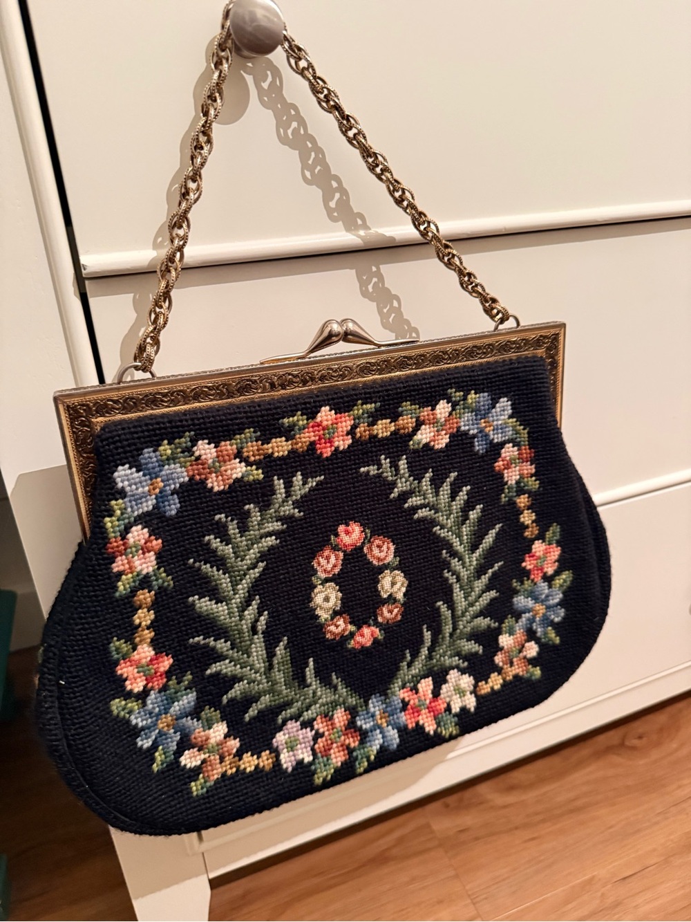 Rachel Klein Vintage Black Floral Needlepoint Handbag with Gold Chain